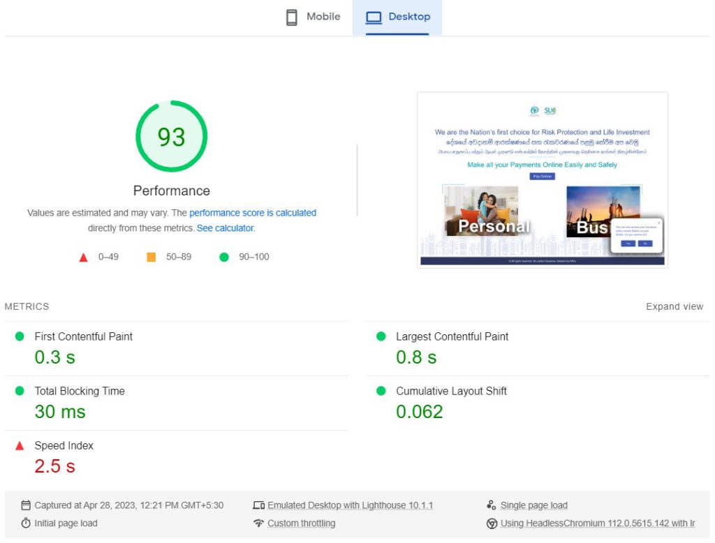 Pagespeed Insights performance score